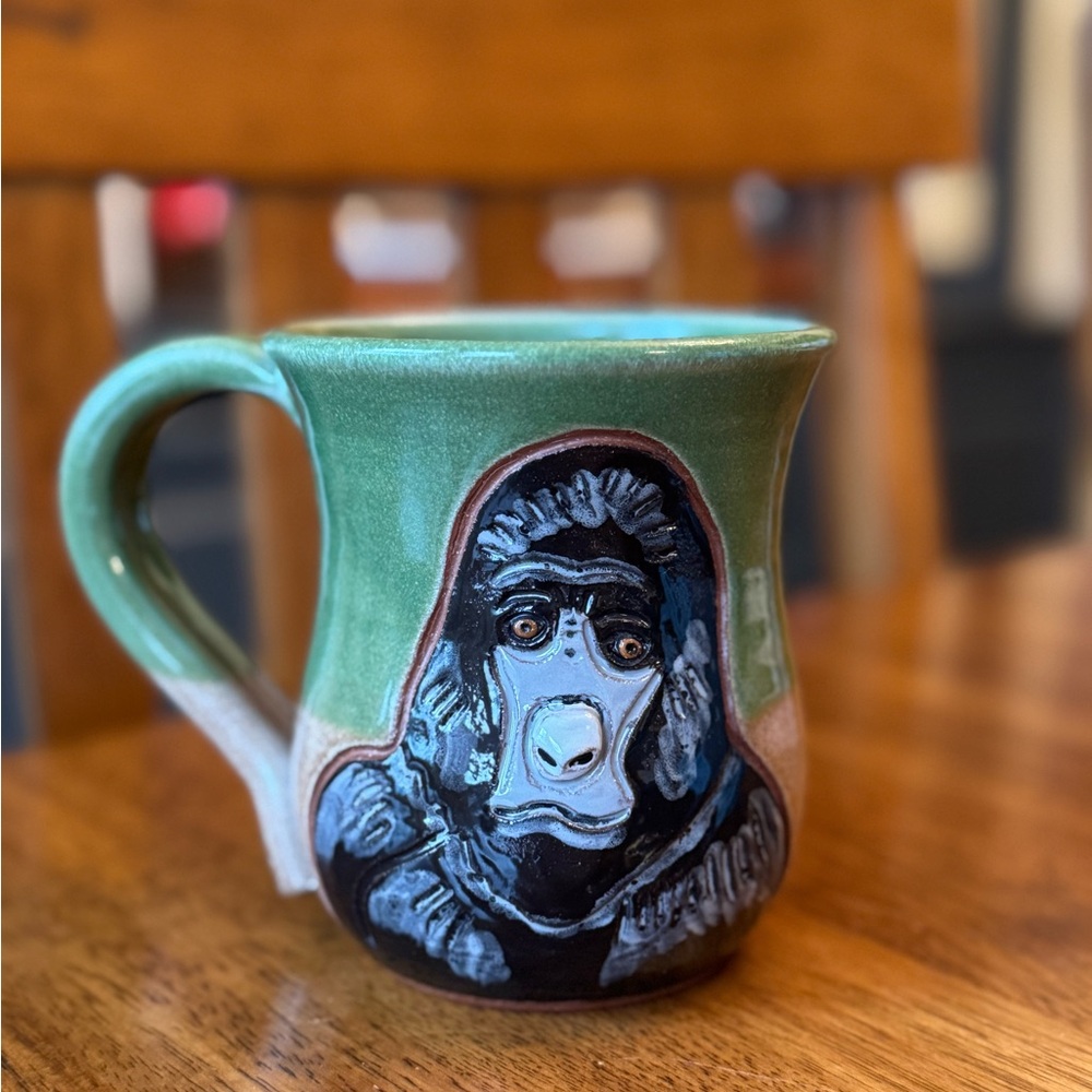 Mudworks Pottery USA Gorilla Animal Embossed 3D Mug Green